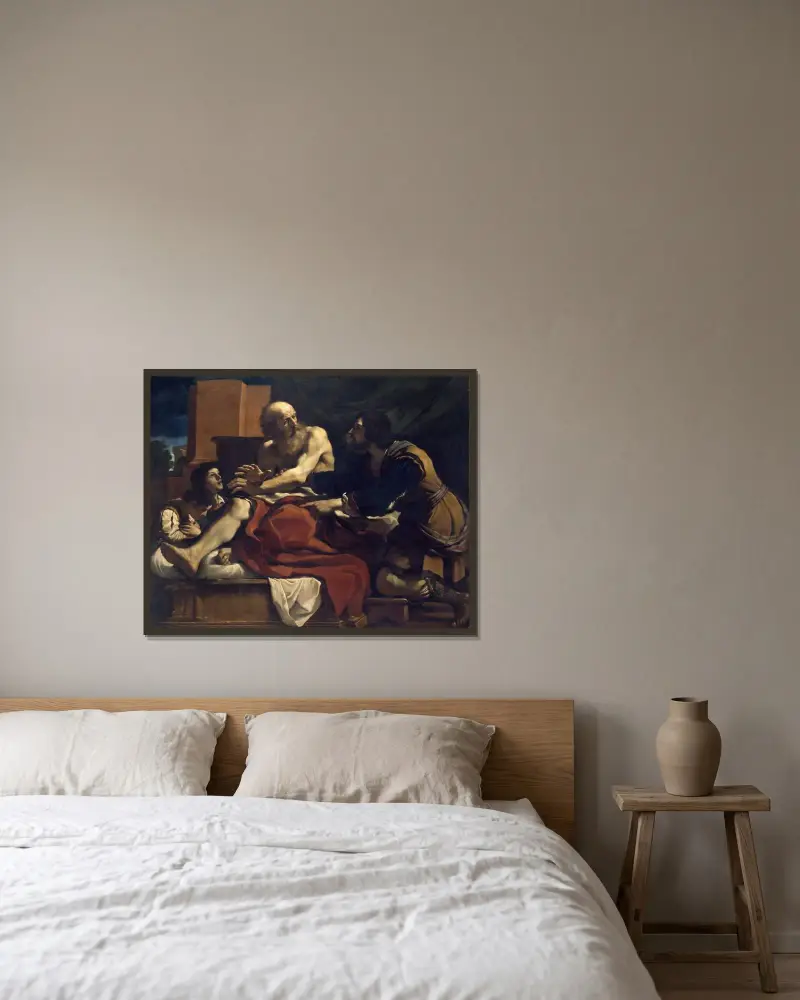 Jakob välsignar Josefs söner av Guercino inramad på en vägg