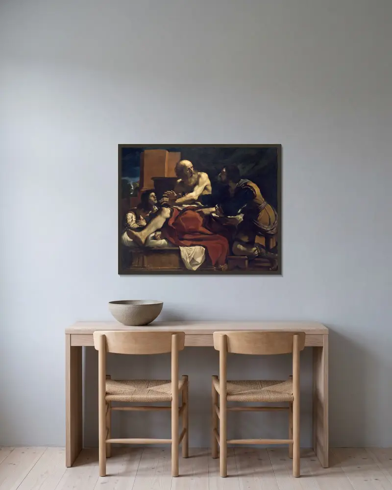 Jakob välsignar Josefs söner av Guercino inramad på en vägg