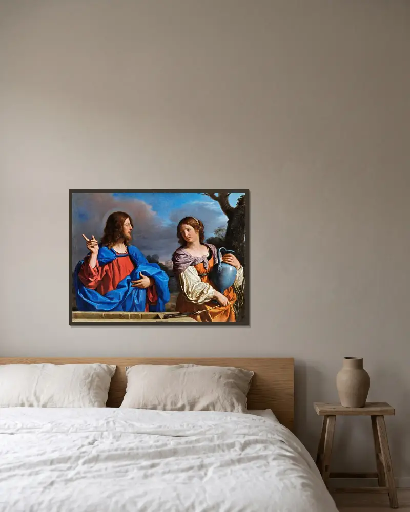 Jesus och samaritiskan vid brunnen av Guercino inramad på en vägg