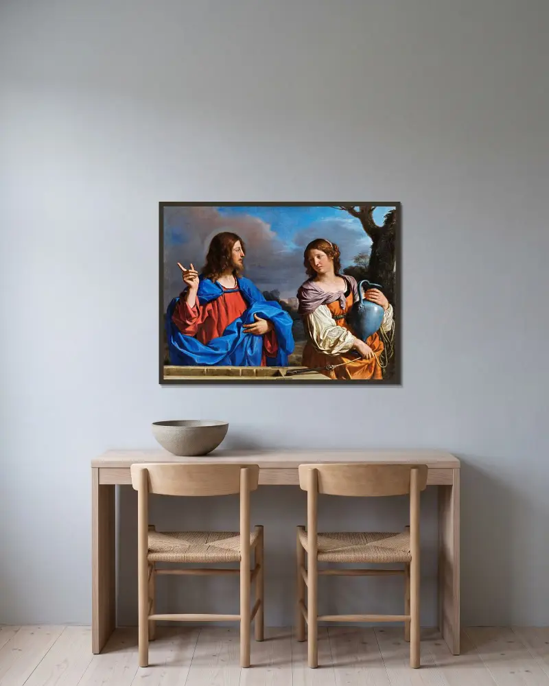 Jesus och samaritiskan vid brunnen av Guercino inramad på en vägg