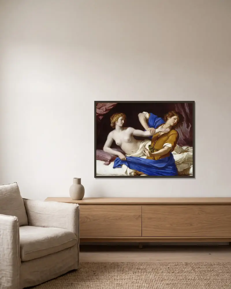Josef och Potifars hustru av Guercino inramad på en vägg