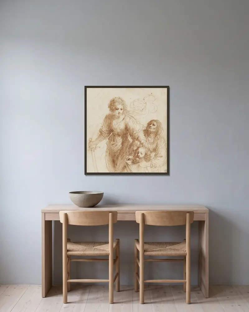 Judith med Holofernes huvud av Guercino inramad på en vägg