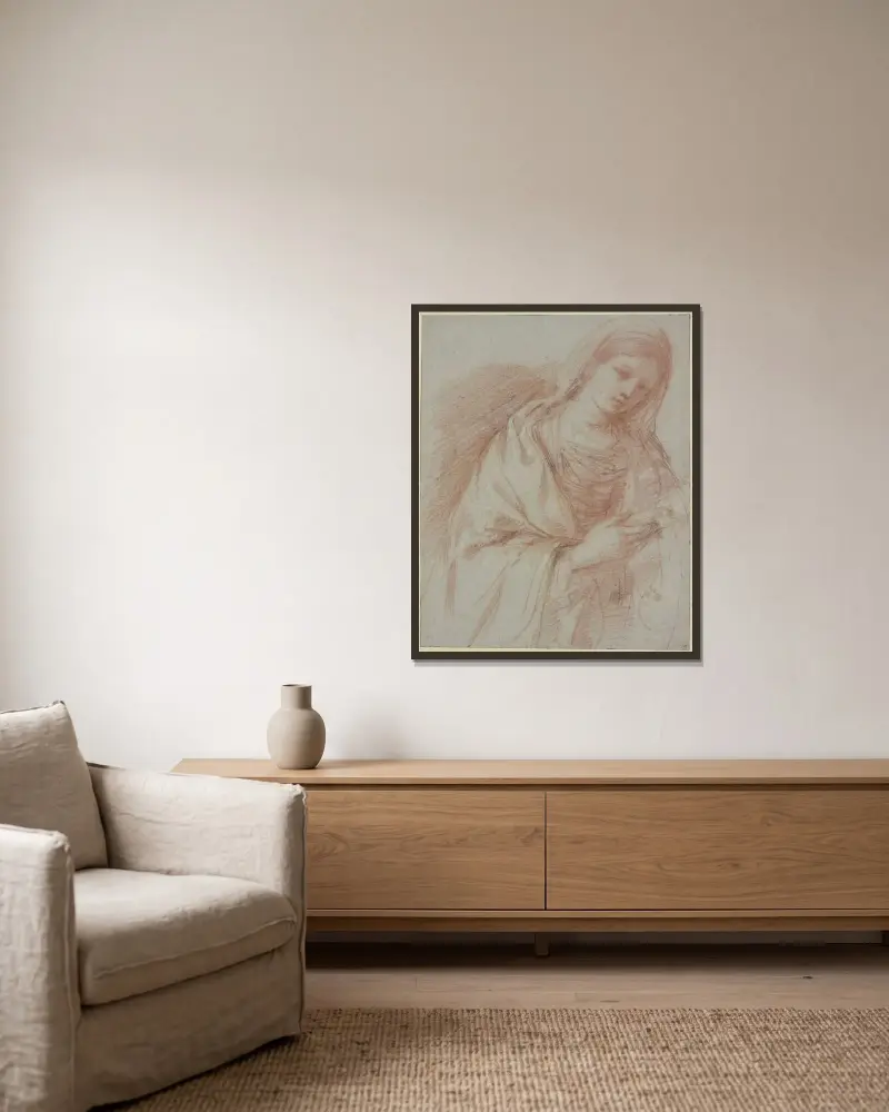 Junge Frau, mit erhobener Rechter leicht nach rechts geneigt von Guercino gerahmt an einer Wand