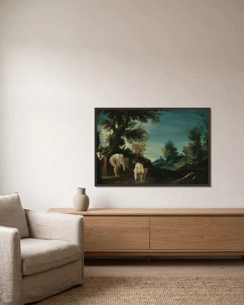 Krajobraz z kąpiącymi się kobietami, Guercino w ramie na ścianie