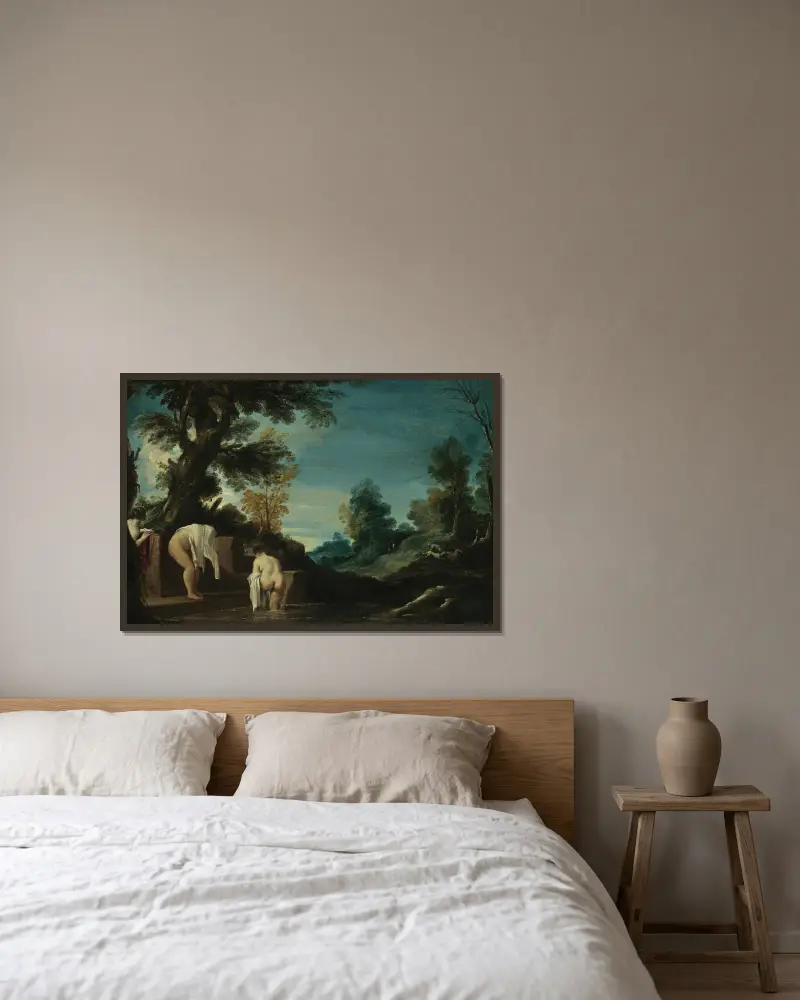 Krajobraz z kąpiącymi się kobietami, Guercino w ramie na ścianie