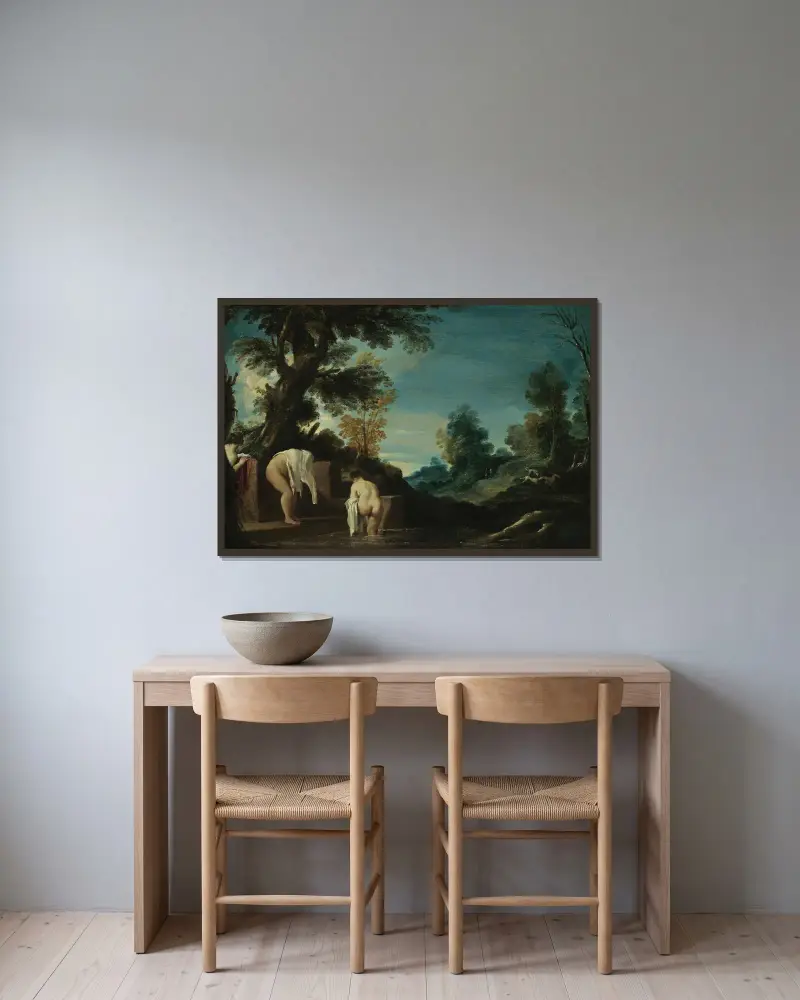 Krajobraz z kąpiącymi się kobietami, Guercino w ramie na ścianie