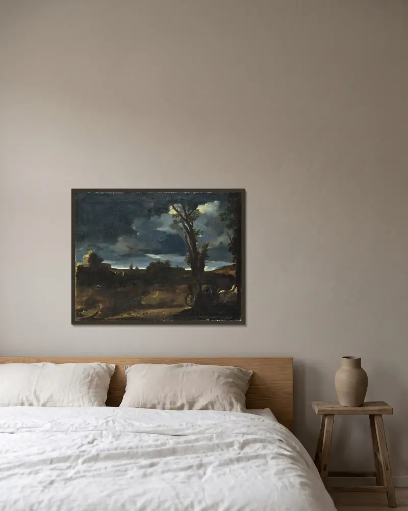 Månskenslandskap av Guercino inramad på en vägg