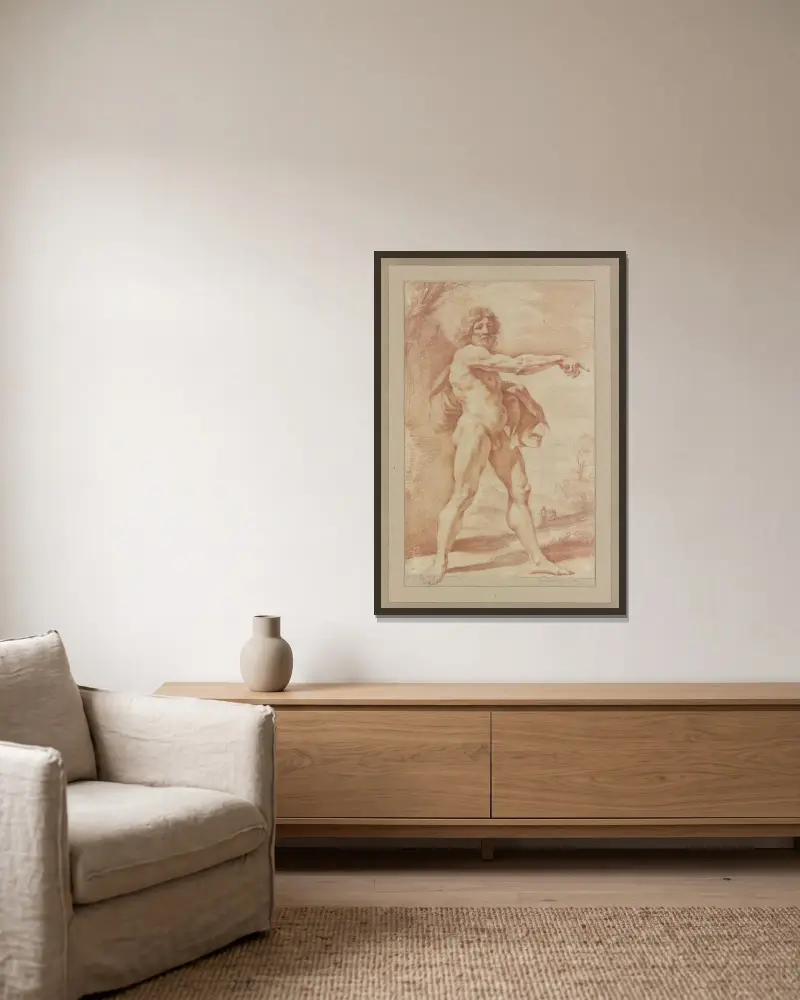Naken man bärande ett plagg under armen, pekande åt höger av Guercino inramad på en vägg