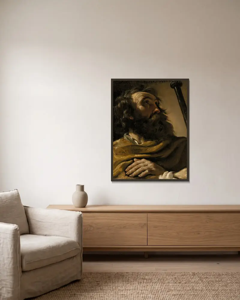 Saint Alexius In A Brown Wrap, Holding A Staff av Guercino inramad på en vägg