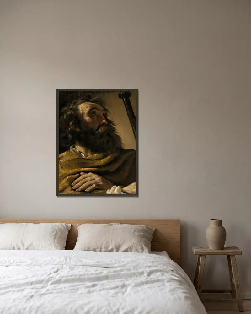 Saint Alexius In A Brown Wrap, Holding A Staff av Guercino inramad på en vägg