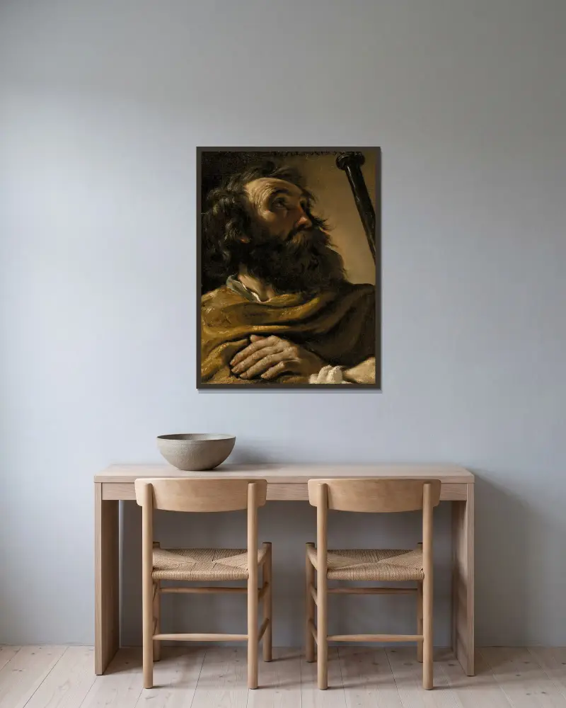 Saint Alexius In A Brown Wrap, Holding A Staff av Guercino inramad på en vägg