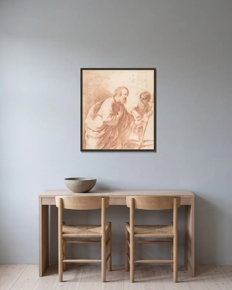 Sankt Josef med sin blommande stav, hållen av Jesusbarnet av Guercino inramad på en vägg