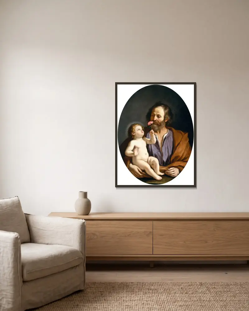 Sankt Josef med Kristusbarnet av Guercino inramad på en vägg