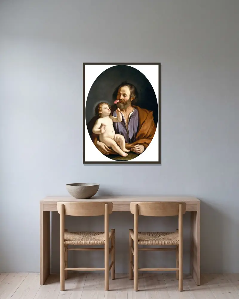 Sankt Josef med Kristusbarnet av Guercino inramad på en vägg