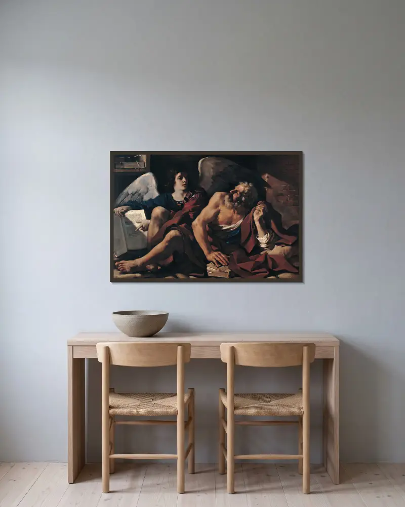 Saint Matthew and the Angel av Guercino inramad på en vägg