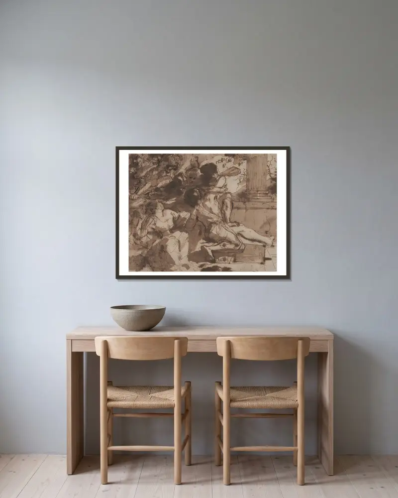 Simson von den Philistern gefangen genommen von Guercino gerahmt an einer Wand