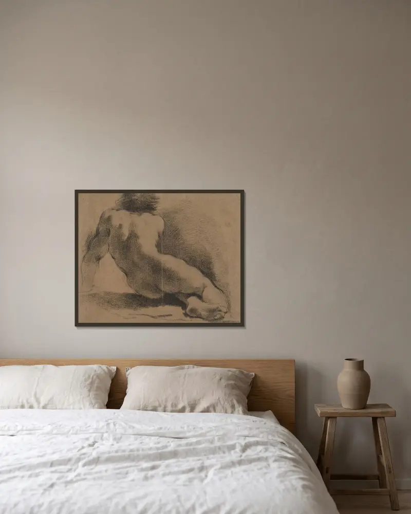 Sittande naken pojke sedd från ryggen av Guercino inramad på en vägg
