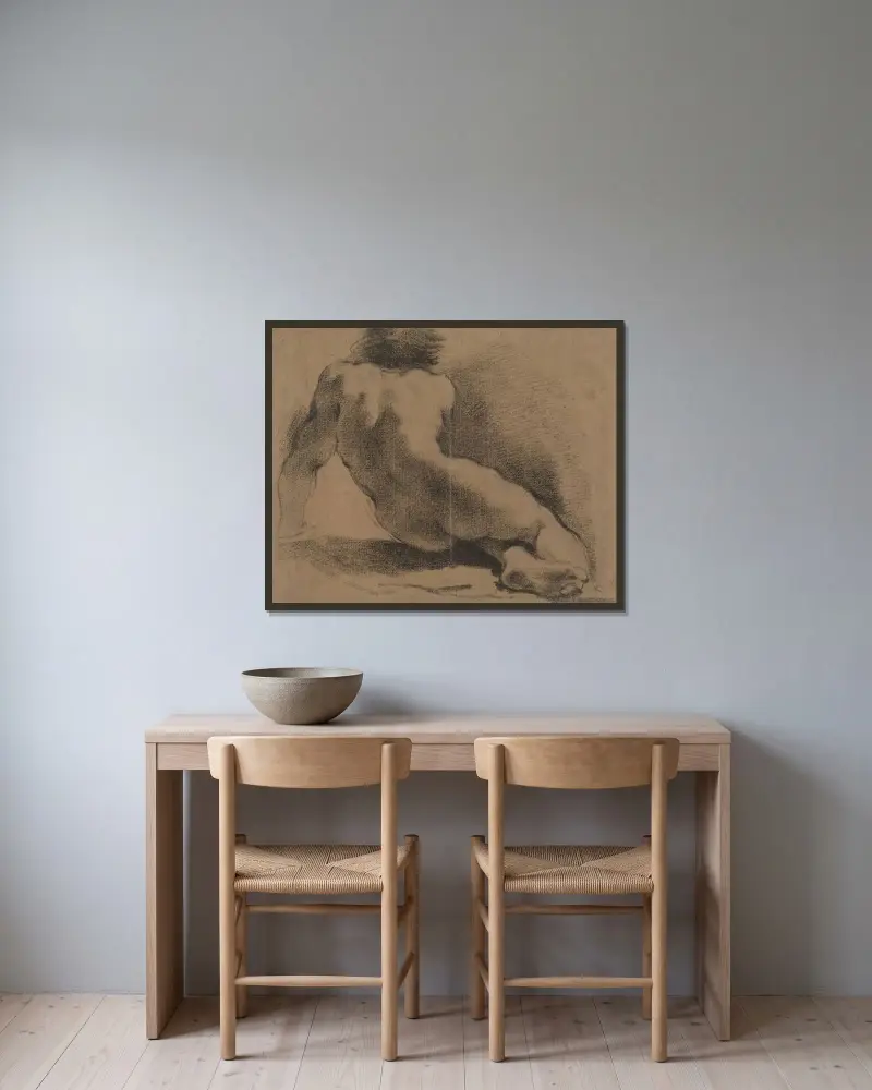 Sittande naken pojke sedd från ryggen av Guercino inramad på en vägg