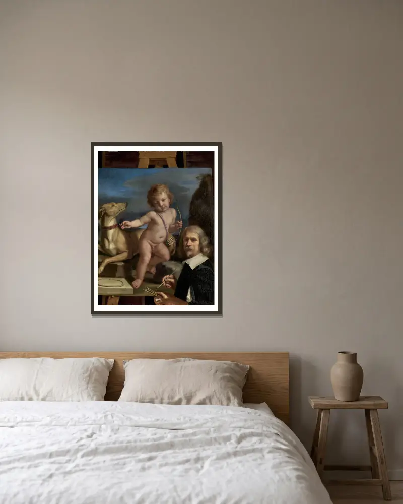 Self-Portrait before a Painting of Amor Fedele av Guercino inramad på en vägg