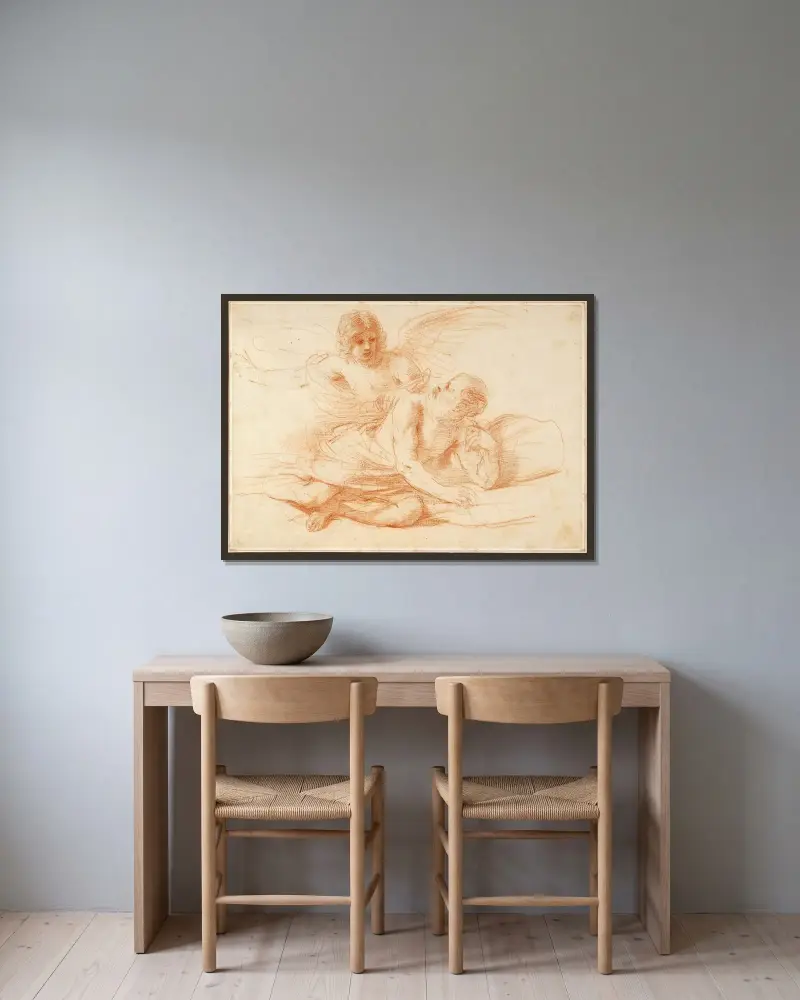 Petrus och ängeln av Guercino inramad på en vägg