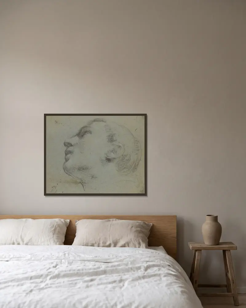 Ett manshuvud vänt åt vänster av Guercino inramad på en vägg