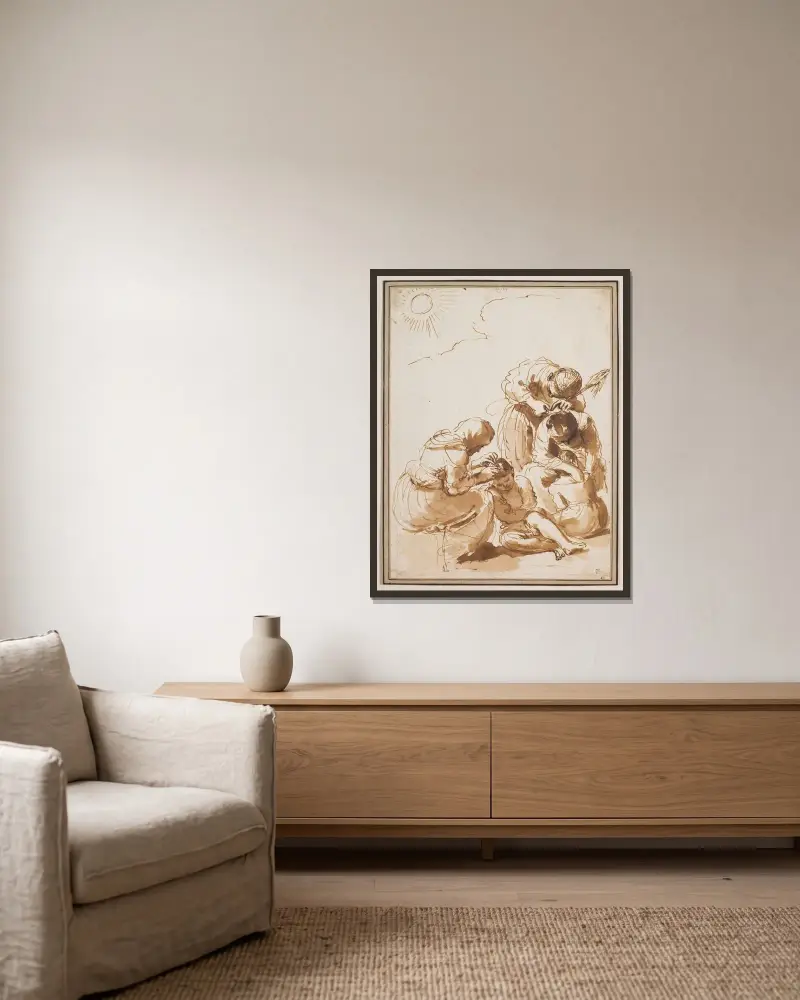 Lusjägarna av Guercino inramad på en vägg