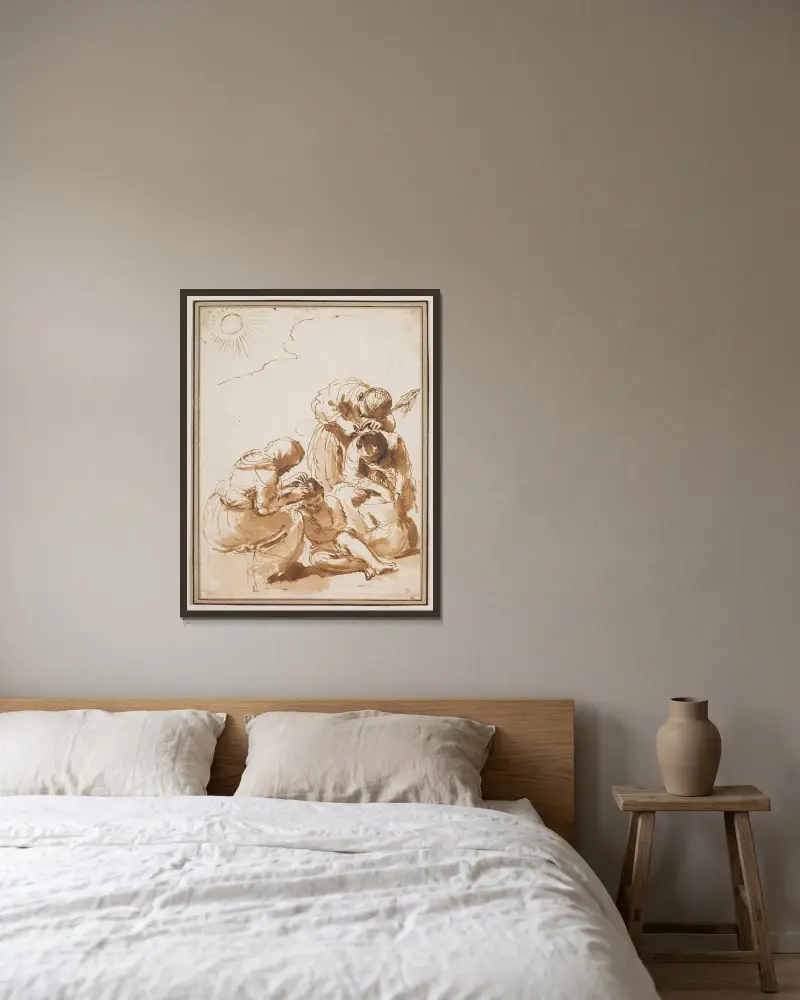 Lusjägarna av Guercino inramad på en vägg