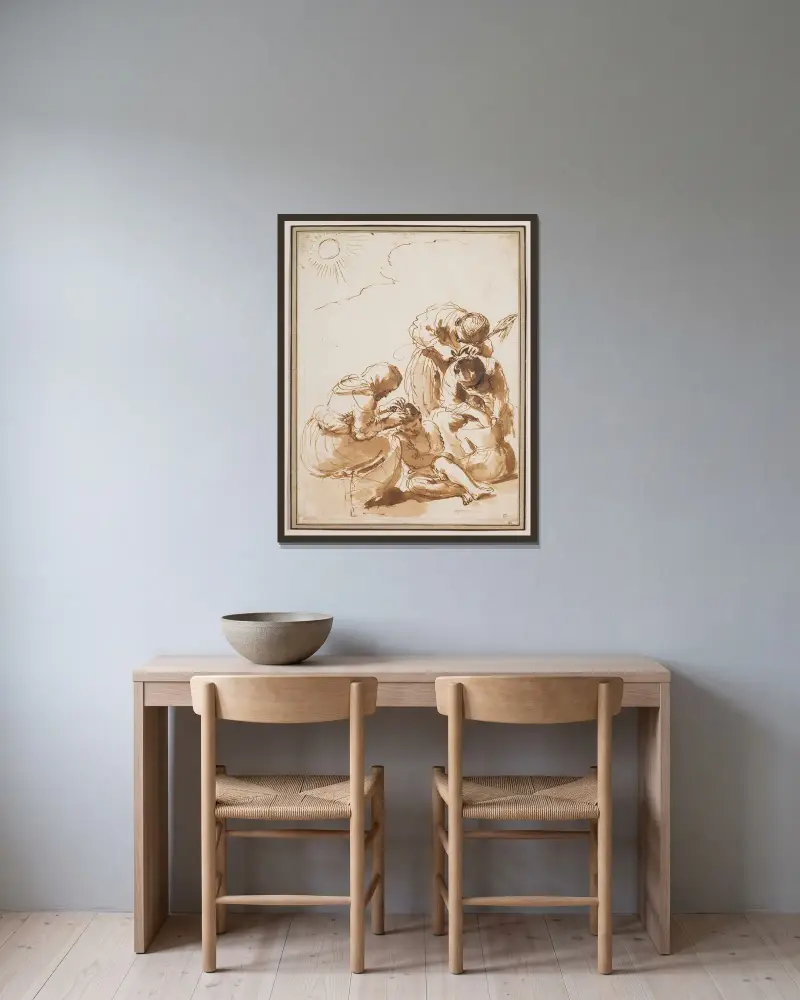Lusjägarna av Guercino inramad på en vägg