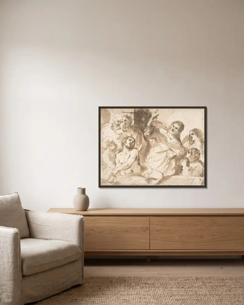 Lasarus uppväckande av Guercino inramad på en vägg