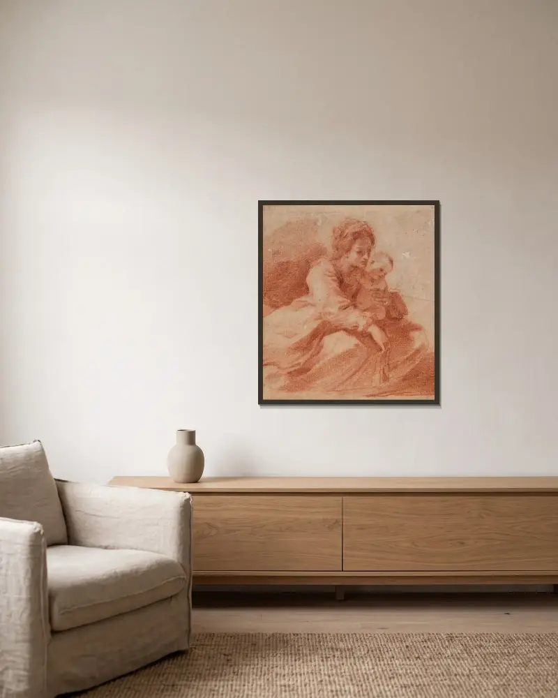 Jungfrun och barnet (för Madonna del Carmine som överlämnar ett skapular till en karmelit, i Centos Pinacoteca Civica, ca 1615) av Guercino inramad på en vägg