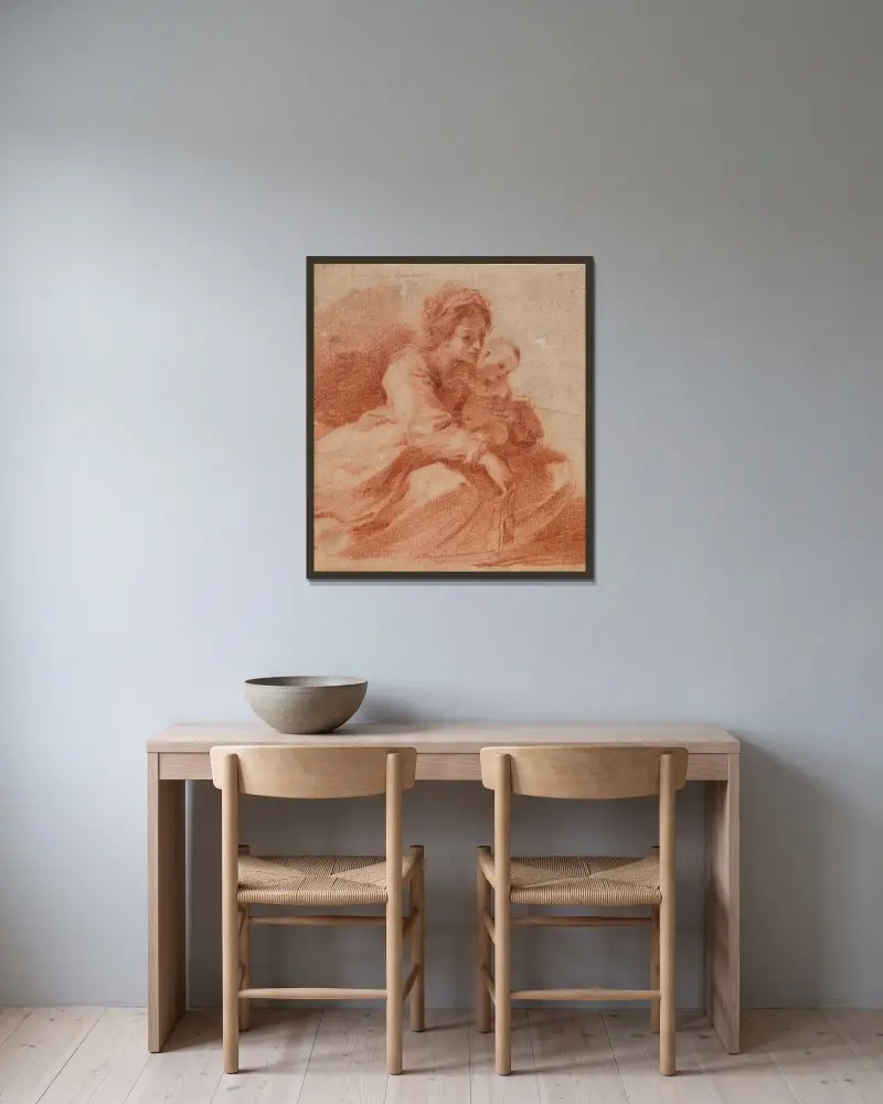 Jungfrun och barnet (för Madonna del Carmine som överlämnar ett skapular till en karmelit, i Centos Pinacoteca Civica, ca 1615) av Guercino inramad på en vägg