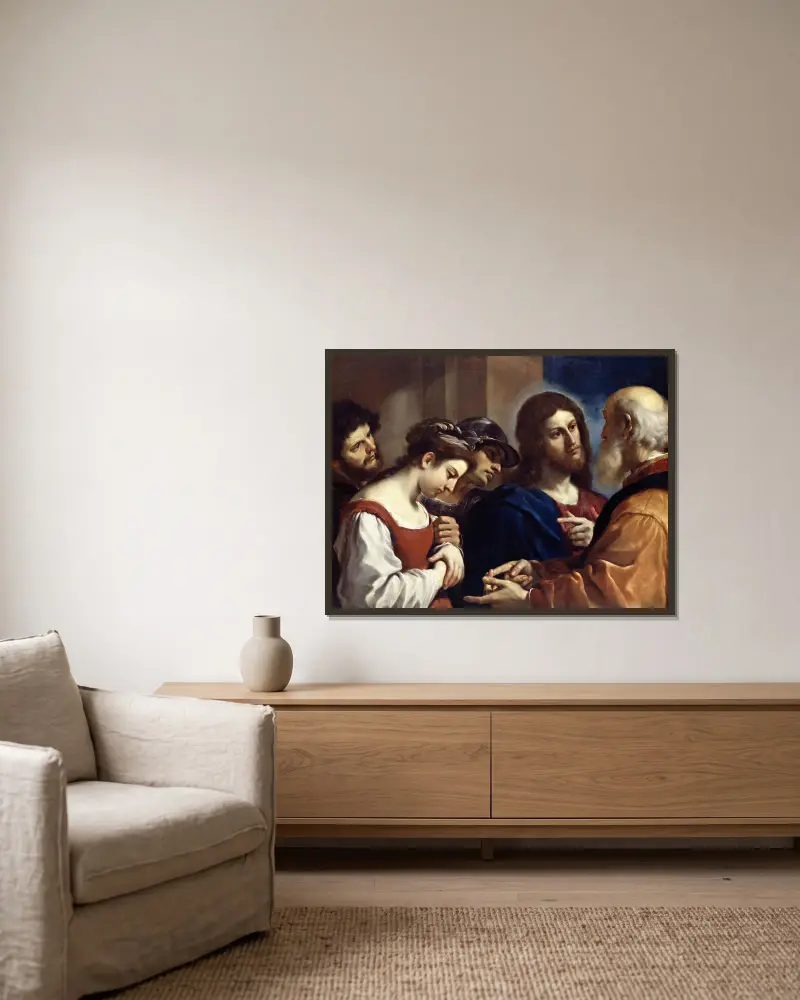 The Woman Taken In Adultery av Guercino inramad på en vägg