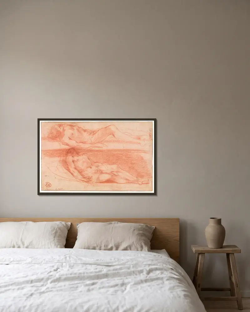 Två studier av en liggande naken mansfigur, Kristus av Guercino inramad på en vägg