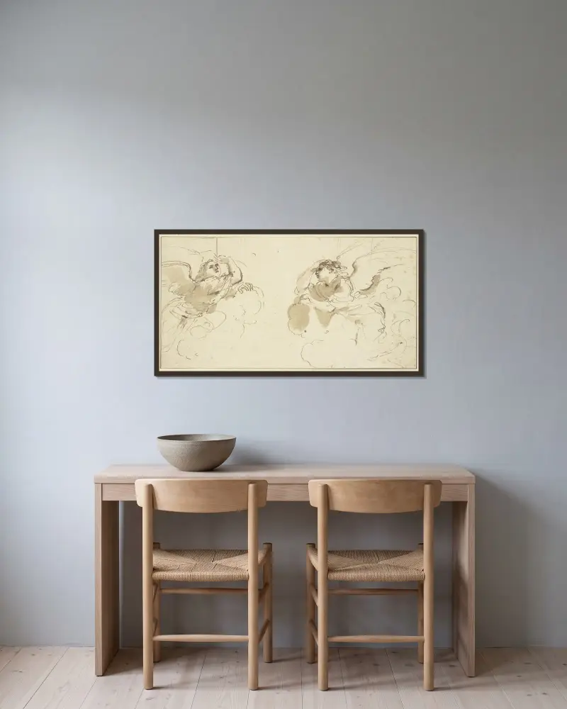 Två änglar i moln av Guercino inramad på en vägg
