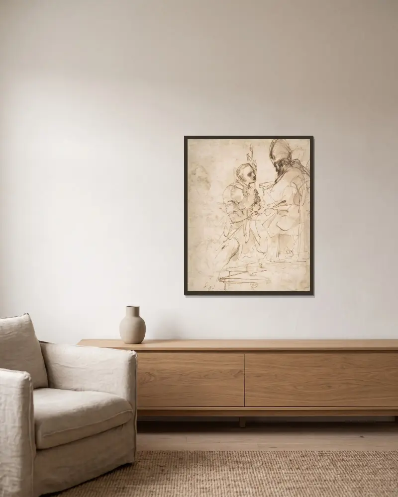 Ung man knäböjer inför en prelat av Guercino inramad på en vägg