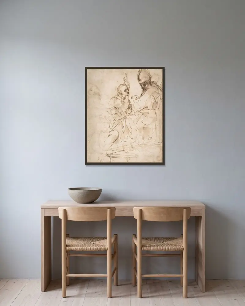 Ung man knäböjer inför en prelat av Guercino inramad på en vägg