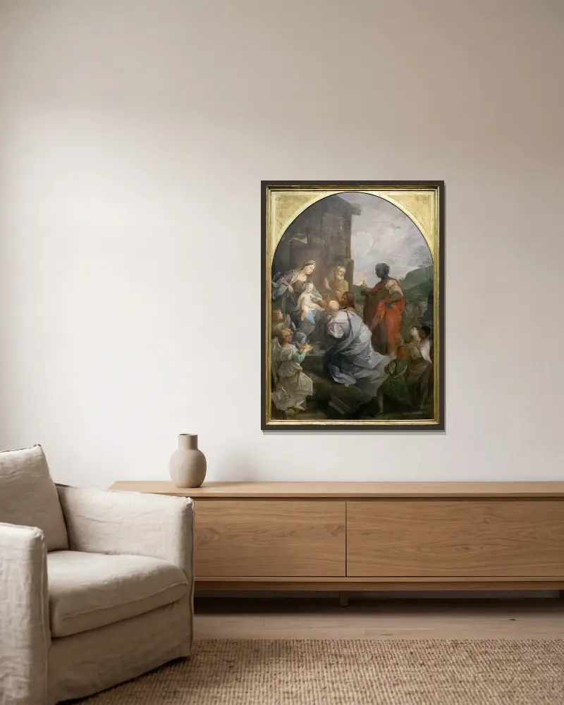 Adoration of the Magi av Guido Reni inramad på en vägg