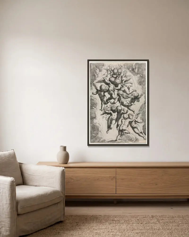 Engel in Herrlichkeit von Guido Reni gerahmt an einer Wand