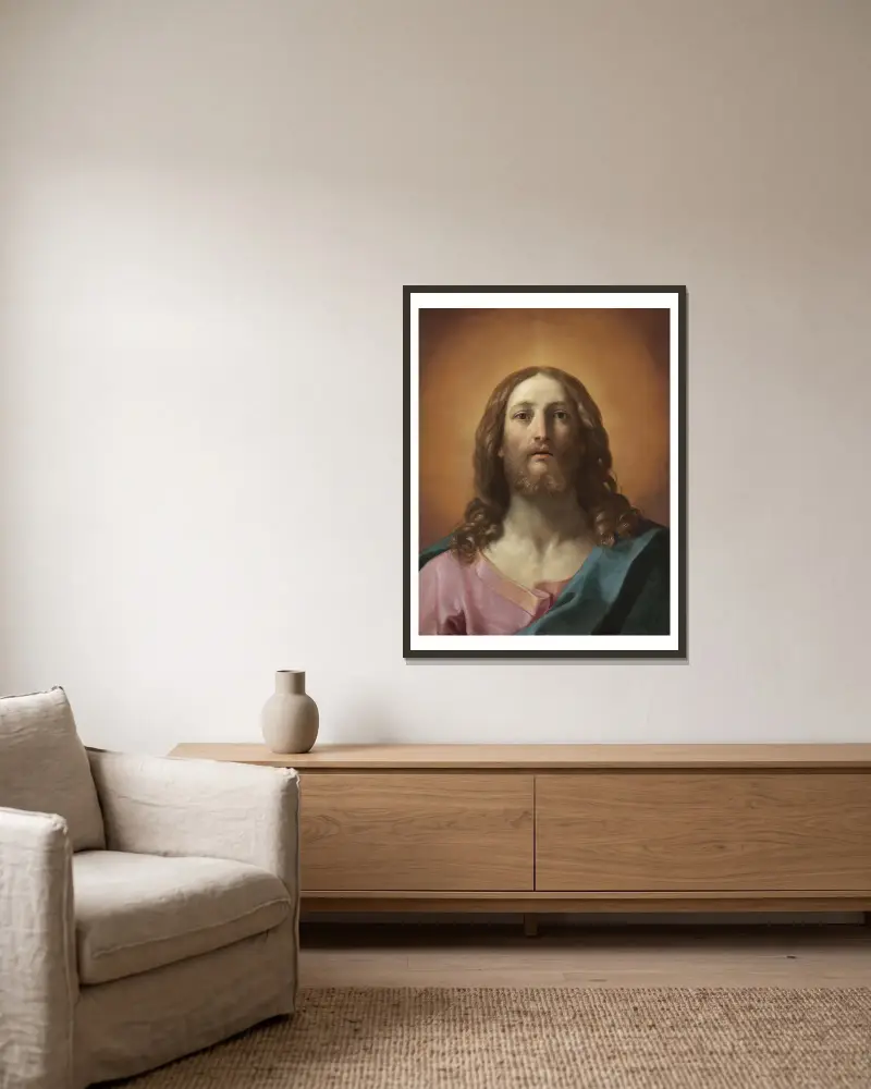 Byst av Kristus (Salvator Mundi) av Guido Reni inramad på en vägg
