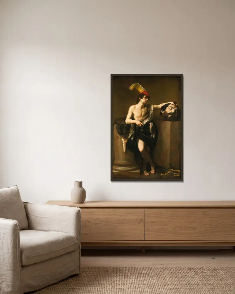 David med Goljats huvud av Guido Reni inramad på en vägg