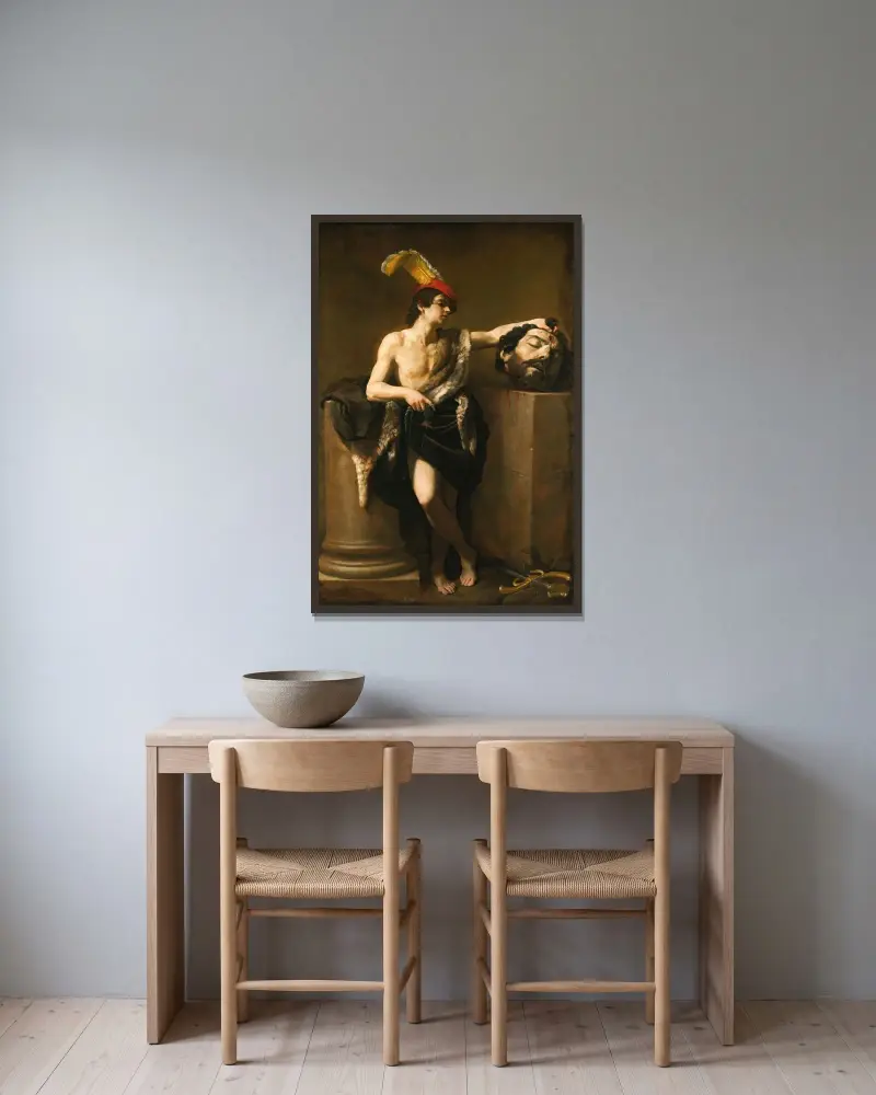 David med Goljats huvud av Guido Reni inramad på en vägg