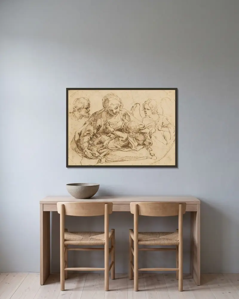 Den heliga familjen med en ängel av Guido Reni inramad på en vägg