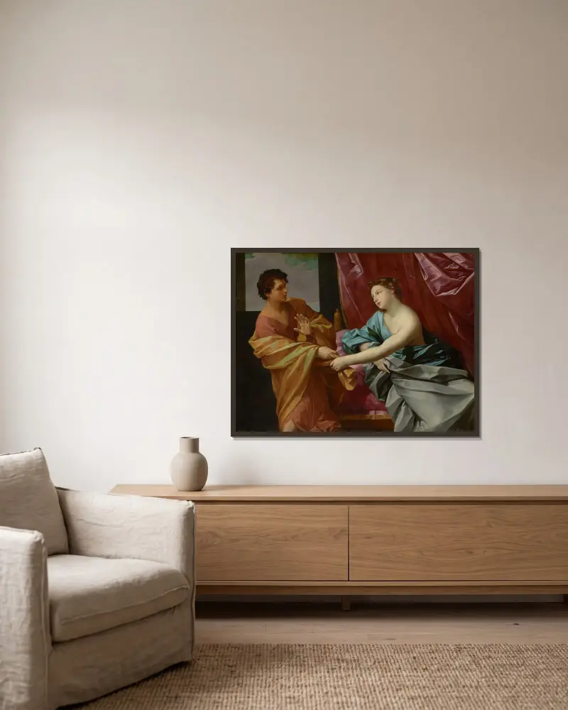 Joseph and Potiphar’s Wife av Guido Reni inramad på en vägg