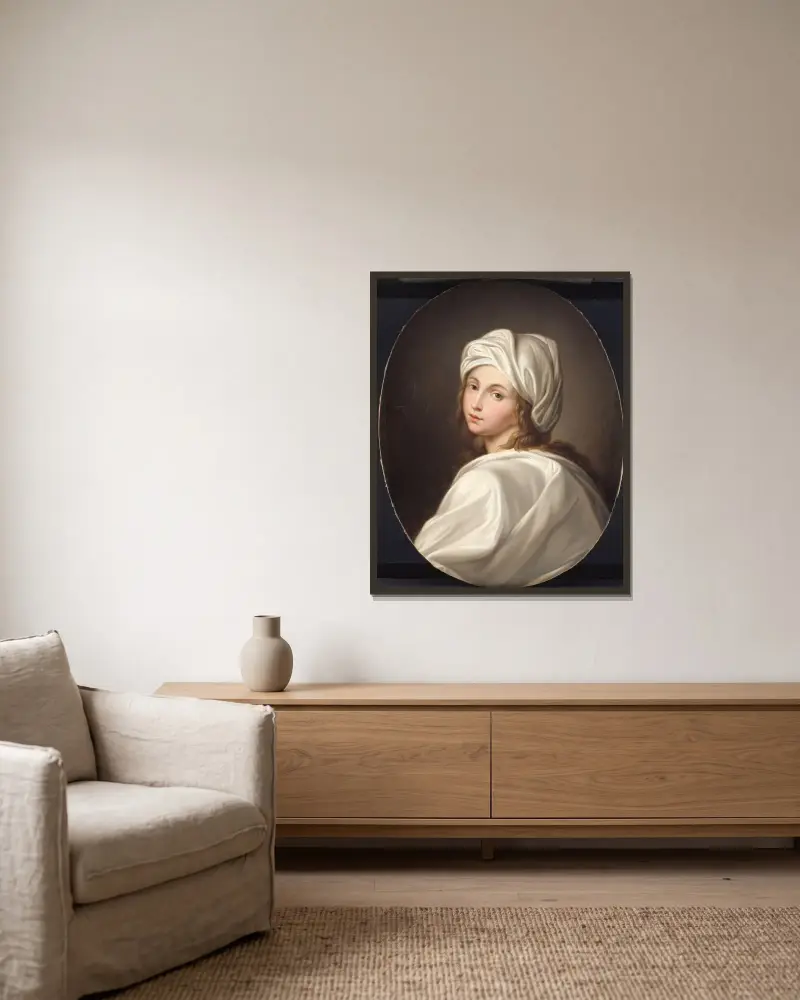 Porträtt av Beatrice Cenci av Guido Reni inramad på en vägg