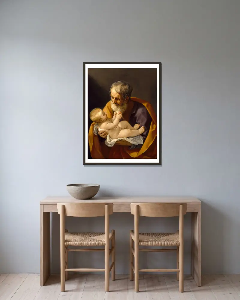 Den helige Josef och Jesusbarnet av Guido Reni inramad på en vägg
