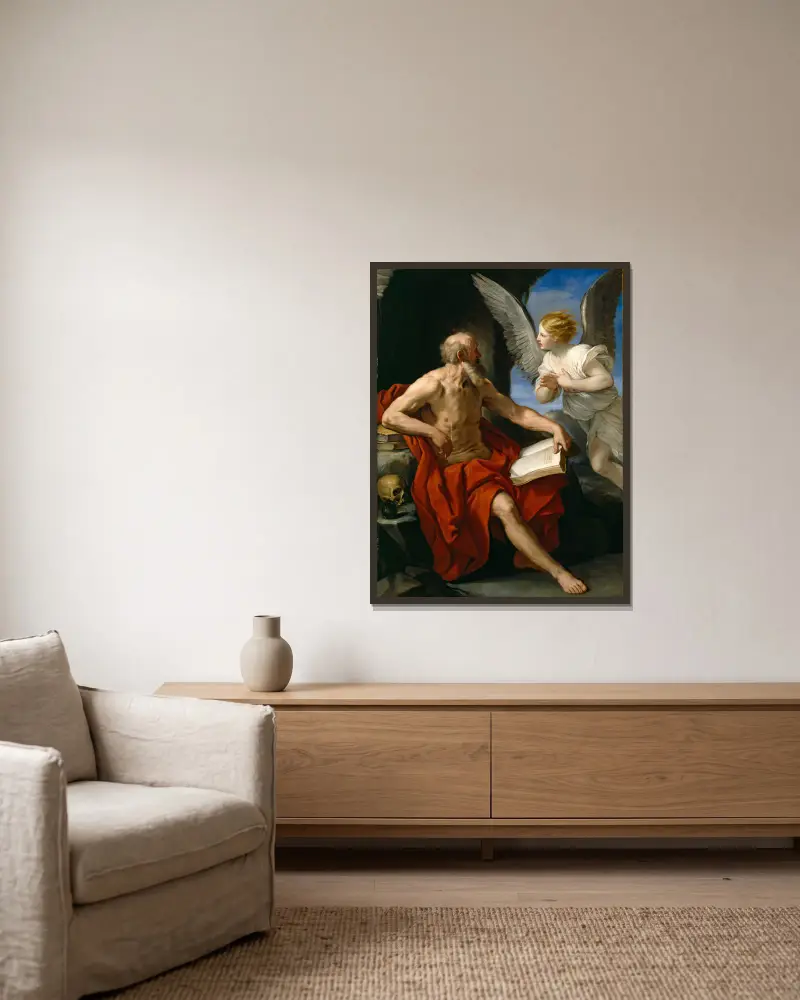 The Angel Appearing to St. Jerome av Guido Reni inramad på en vägg