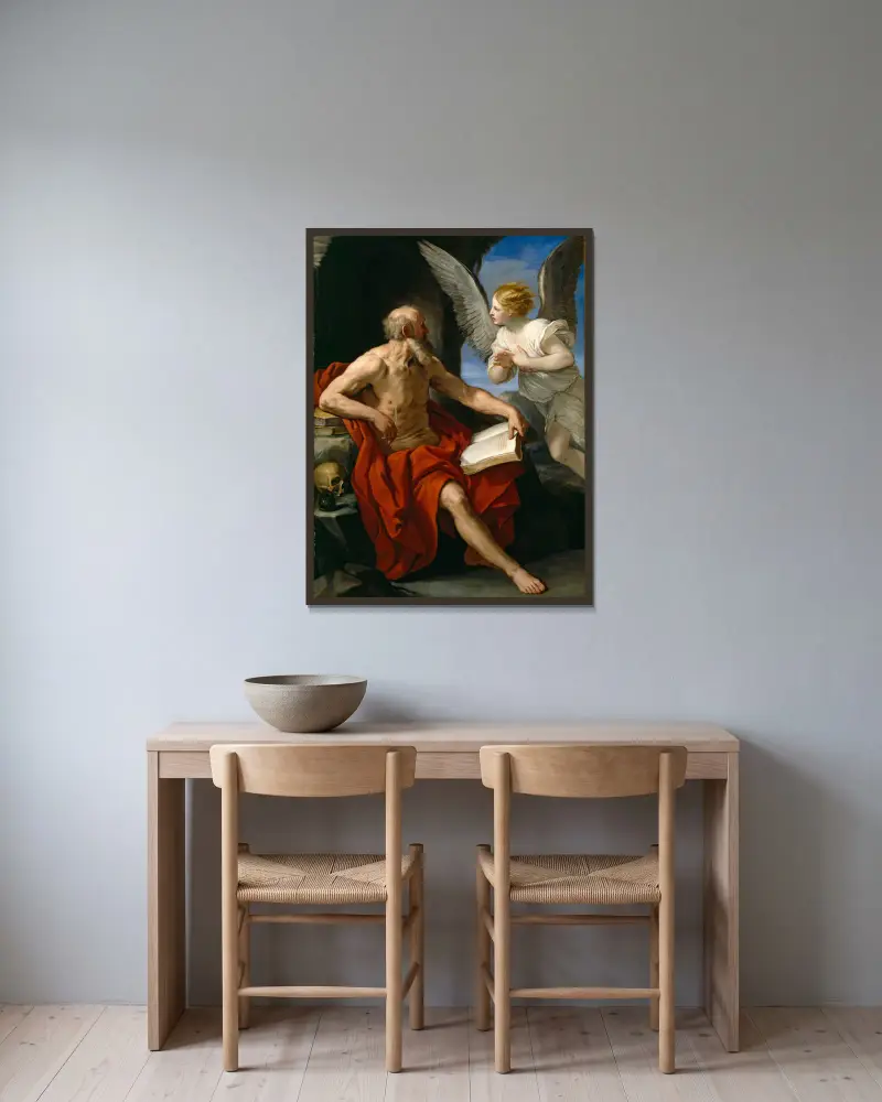 The Angel Appearing to St. Jerome av Guido Reni inramad på en vägg