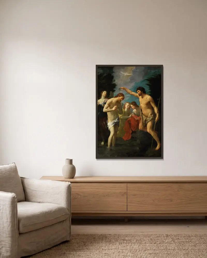 The Baptism Of Christ av Guido Reni inramad på en vägg