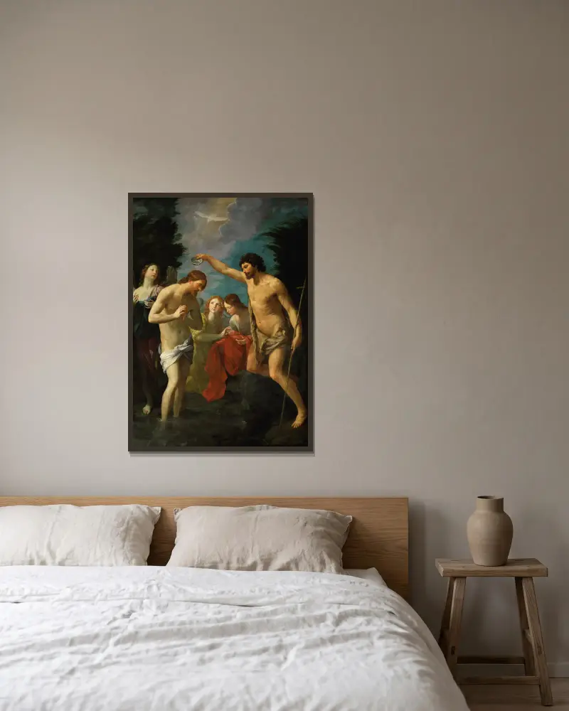 The Baptism Of Christ av Guido Reni inramad på en vägg