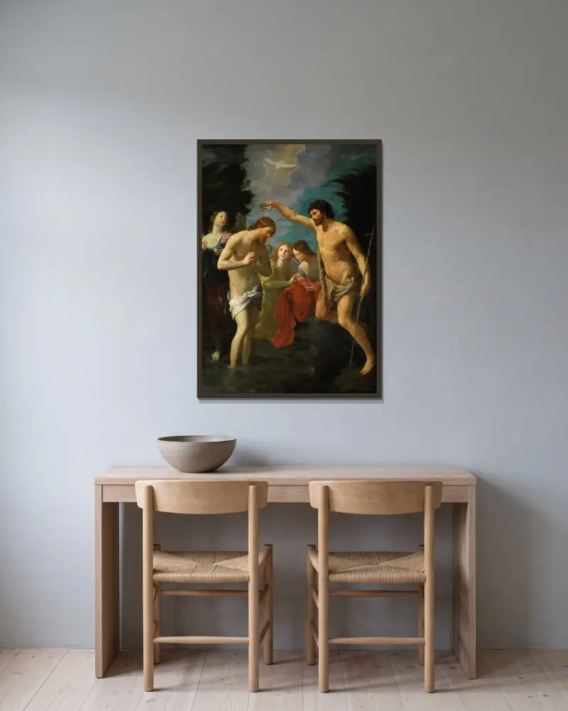 The Baptism Of Christ av Guido Reni inramad på en vägg